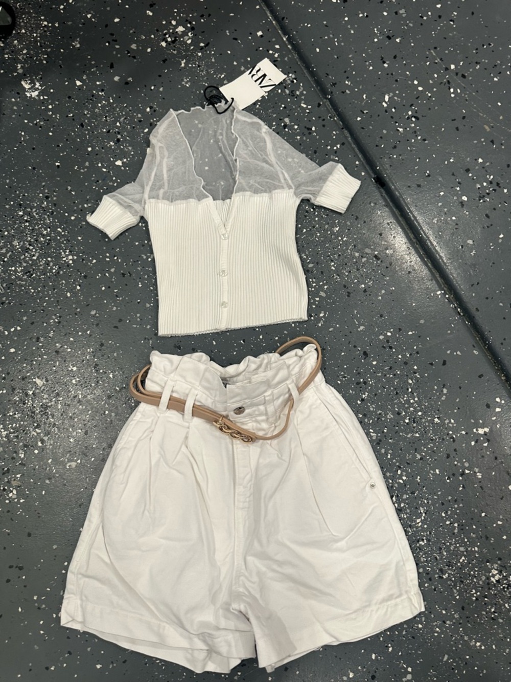 Zara White Sheer Knit Top & High-Waist Paperbag Shorts Set